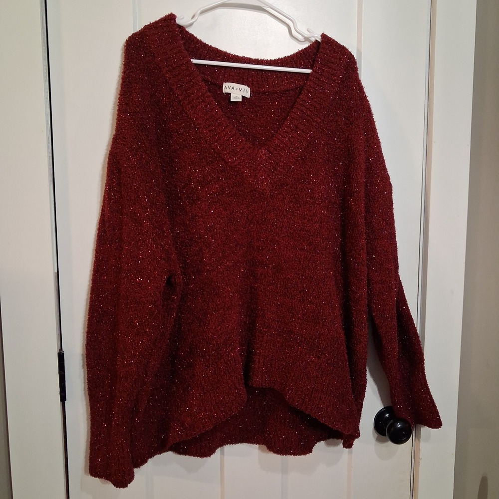 Ava & Viv Sweater Women 1X Red Metallic V-Neck Sparkle Holiday Party Festive